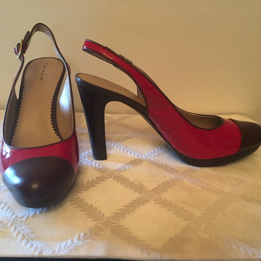 Tahari Two Tone Red Patent Leather w/Brown Leather Toe Sling-Back Heels